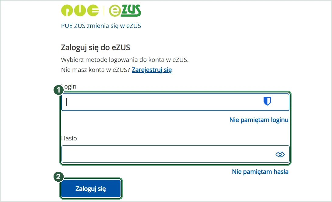 Biuro rachunkowe Wrocław - Spec Tax Group - wniosek rws ezus 01 logowanie Pola logowania (1) i przycisk Zaloguj się (2) na stronie eZUS