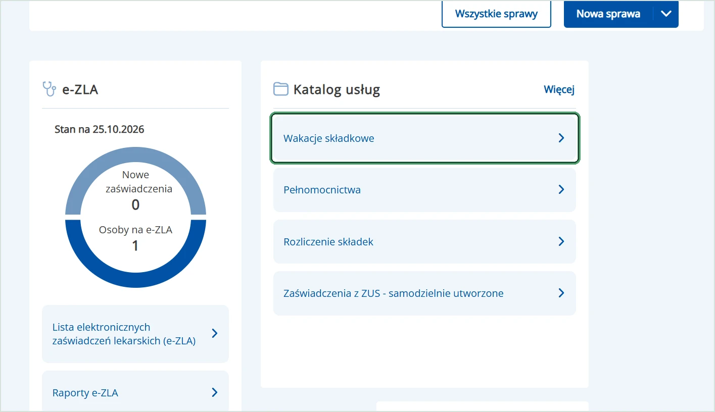 Biuro rachunkowe Wrocław - Spec Tax Group - wniosek rws ezus 02 katalog uslug Pulpit eZUS z kafelkiem Katalog usług i zaznaczoną pozycją Wakacje składkowe